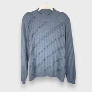 Vintage Alfred Dunner Cable Knit Sweater Womens L Mockneck Blue Star Beaded